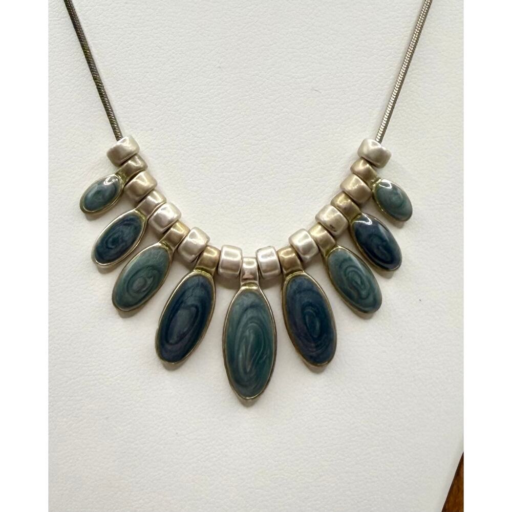 Blue‑Gray Marbled Statement Necklace Set – Silver‑Tone – 9" Drop